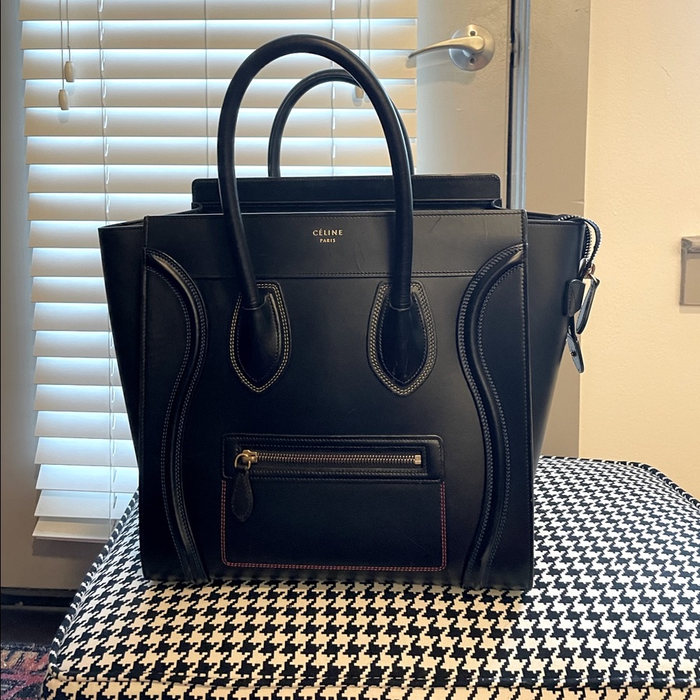 Celine Bag -Calfskin Double Stitching Micro Luggage Black with multicolored seam